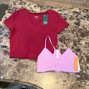 Red V-Neck Tee and Pink Ribbed Bralette
